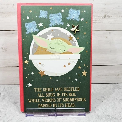 American Greetings Christmas Card 6x8 Star Wars Baby Yoda Green Glitter Star - Image 1 of 4