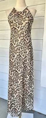 Talla 4 DE COLECCIÓN 1990 Y2K Leopardo Vestido Maxi Sin Mangas Cuello Halter Alto Espalda Corredora Foto 1 de 4