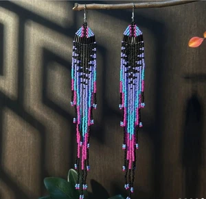 Long Fringe Earrings Handmade Tassel Seed Bead Festival Style Boho 20cm - Picture 1 of 7