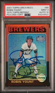 Tarjeta firmada Robin Yount 2001 Topps Archives Resv 1975 reimpresión #86 PSA 9 automático 10 - Imagen 1 de 2