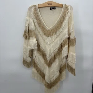 Camiseta Vestido De Colección Años 80 Flecos Aleta Talla Pequeña Cuello en V Colores Neutros EE. UU. #23F - Imagen 1 de 8