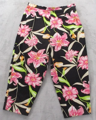 Pantalones Briggs New York para mujer 12 negros rosas florales recortados tiro alto elásticos EE. UU. Foto 1 de 4