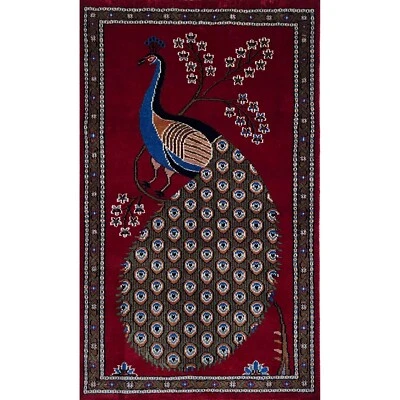 Alfombra de lana de pavo real anudada a mano 2,5x4 pies roja de lujo tradicional hecha a mano Foto 1 de 4