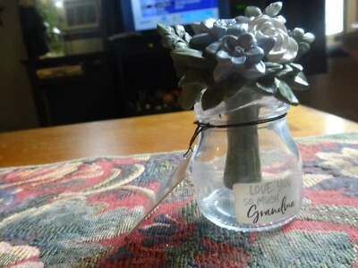 NEW BLOSSOM BUCKET "LOVE YOU SO MUCH GRANDMA" FLOWERS IN GLASS JAR #201-12850 - Image 1 of 4