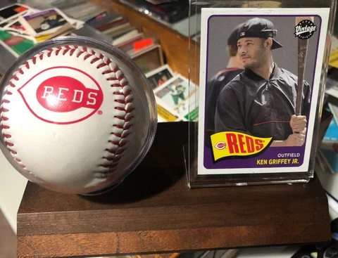 New Cincinnati Reds Logo Ball and Ken Griffey Jr. Card Display W/ Wood Base Cover