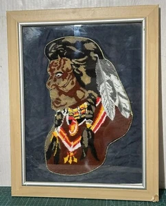 Vintage Hand Made Crewel Tapestry Portrait of Native American Man Warrior - Picture 1 of 9