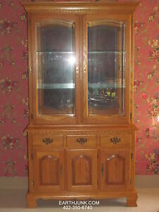 Tell City Chair Co. Sunlit Oak China Cabinet Full Glass Lighted with Mirror Back