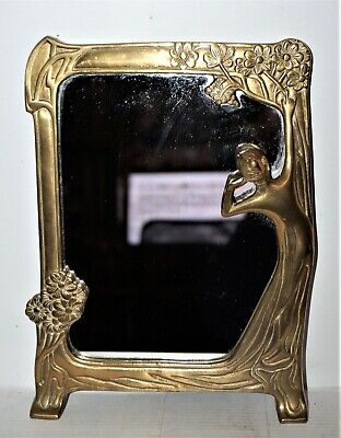 Art Nouveau Brass Mirror Lady By The Lake; Antique Solid Brass Mirror • 99.95£