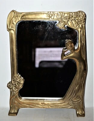 Art Nouveau Brass Mirror Lady by the Lake; Antique Solid Brass Mirror - Image 1 of 4