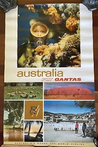 Fly QANTAS Airlines Vintage Travel Poster, Australia SCUBA, Skiing - Picture 1 of 12