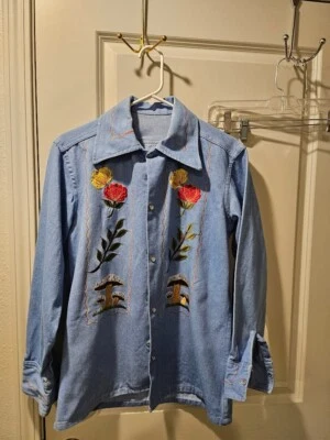 Vtg 70's long sleeve embroidered Denim shirt Boho, Hippie, Woodstock, flowers - Image 1 of 4