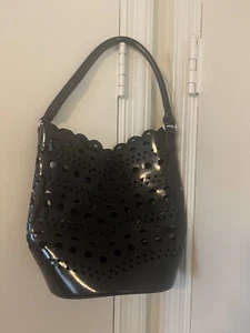 Neiman Marcus Pocketbook Purse Handtasche schwarz Lack Kunstleder Netz ohne Verschluss - Bild 1 von 10