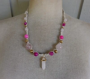 Rose Quartz Double Terminated Point Adjustable Hemp Necklace Banded Agate Beads - Picture 1 of 8