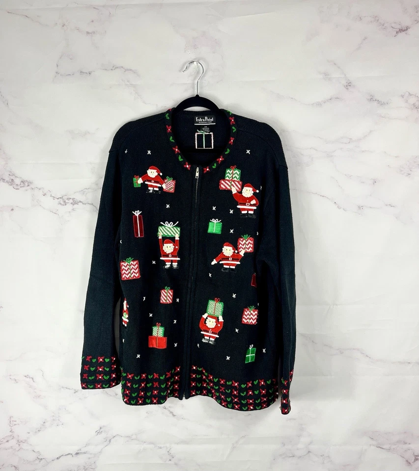 Suéter navideño bordado vintage Y2K talla grande 2x negro Santa Navidad feo Foto 1 de 4
