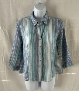 Women’s Coldwater Creek 100% Linen Pastel Stripe Button Up Collar Shirt Top Sz8P - Picture 1 of 9