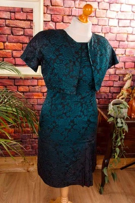 Vintage Original 60er Brocado Disfraz Azul Petróleo Verde Negro Tubo Rockabella - Imagen 1 de 4