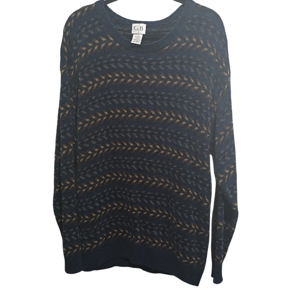 Geoffery Beene Navy and Brown Patterned Sweater Large Grandpa Cosby - Image 1 of 4