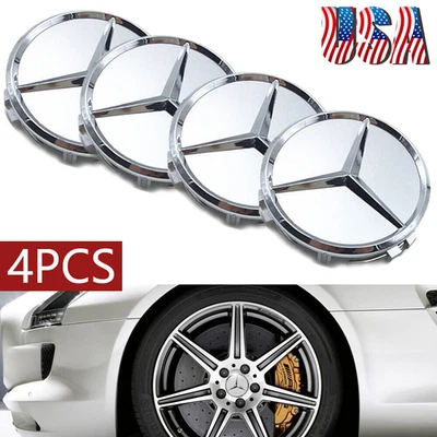4PCS 75mm Chrome Emblem Logo For Mercedes Benz C S E Wheel Center Hub Caps ✔️ - Image 1 of 4