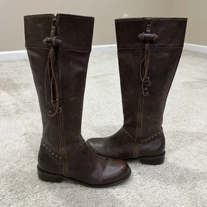 Schuler & Sons Anthropologie Women Brass Tacks Zip Up Tall Brown Leather Boots 7 - Picture 1 of 24