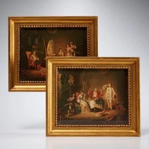 Harlequin Pierrot Columbine English Comedy Small Gold Gilt Frame Print 2pc Lot - Picture 1 of 4