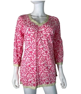 Gretchen Scott Top Womens Sz M Tunic V-Neck Green Pink 3/4 Sleeve Blouse Cotton - Picture 1 of 16
