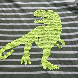 Shirt For Boys Age 9 10 Years Reversible Sequins Dino Prints Stripes White Green - Picture 1 of 8
