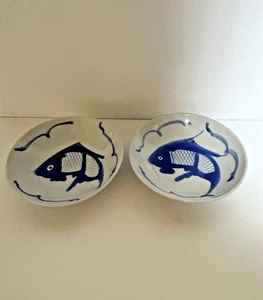 Set (2) Blue & White Koi Fish Dipping Bowls 4 7/8" Hand Painted China Porcelain! - Picture 1 of 6