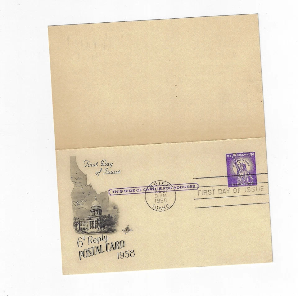 1958 Statue of Liberty 3c  Post Card Sc#UX46 FDC Artcraft Cachet WITH REPLY CARD - Image 1 of 1