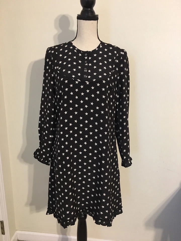 J.CREW Collection Star Print Dress Sz 0 Silk Black White Long Sleeve H0085