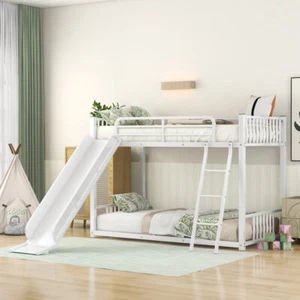 Metal Bunk Bed with Slide, Twin over Twin, White for Kids Bedroom Saving Space - Picture 1 of 10