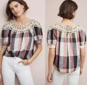 NWT Anthropologie Pink & Navy Crochet Plaid Blouse - Picture 1 of 11