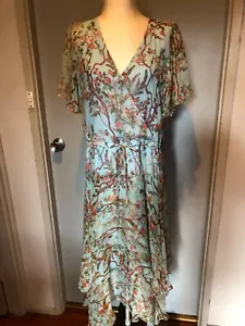 KAMARE Blue Silk Floral Wrap Bodice Midi Occasion Dress Size 12 - Picture 1 of 6