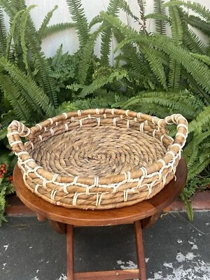 独特圆形藤盘特大号带手柄咖啡桌BOHO 20.5英寸宽 — 第 1/4 张图片