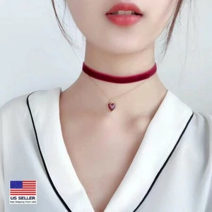 Fashion Women Girl Choker Necklace Lace Red Flannel Acrylic Heart Pendant 1176 - Picture 1 of 2