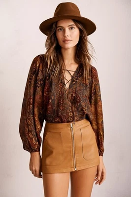 Free People Maya Mini Skirt 8 Mod Faux Leather Zip Front Vegan Cashew Boho NEW - Image 1 of 4