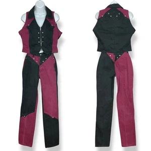 Vintage Western Ethics Jeans Vest Top Pants Country Maroon Black Women Two Tone - Picture 1 of 16