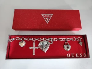 Vintage Guess Charm Bracelet & Extra Charms Rheinstones Heart Key Cross Locket - Picture 1 of 12