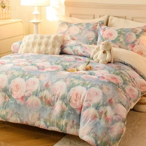 Juego de edredón Sherpa estampado floral 3 piezas cálido mullido juego de cama tamaño queen con... - Imagen 1 de 7