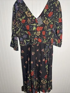 J. Peterman Größe 14 schwarz lebendig Blumenmuster seitlich gebunden Fit & Flare gefüttert Baumwollkleid - Bild 1 von 18
