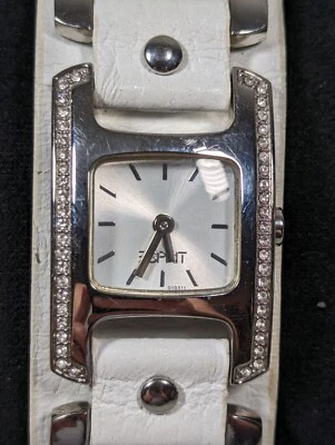 Esprit Silver Tone Dial Crystal Accent H Shape Case White Leather Band Watch - Image 1 of 4