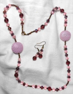 Necklace + earrings set, glass beads, pink, purple + bronze, 28", Handmade - Picture 1 of 3