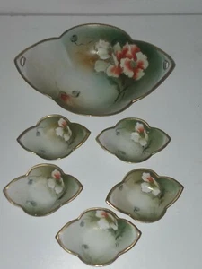 Antique Nippon Hand Painted Celery Dish 6 Salt Cellars Set  - Picture 1 of 5