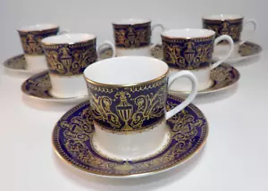 6 Royal Worcester Sandringham Cobalt Blue Gilded Coffee Cups & Saucers 1980s - Picture 1 of 12