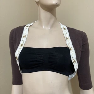 Women’s Brown Cotton Casual Stretch Slim Short Beaded Embroidered Size M Bolero - Picture 1 of 12