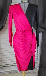 Abby Kent Vintage Wrap Dress Black & Pink - Size 8 Knit Polyester 80s Retro Chic