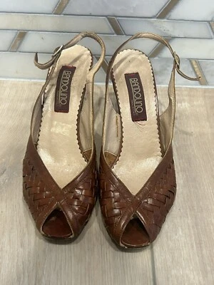 Vintage Strappy Heel Brown Leather Peep Toe Size 7M Bandolino Italy - Image 1 of 4