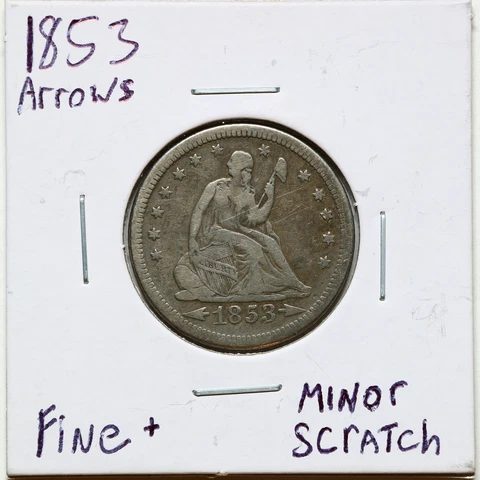 1853 Arrows 25C Seated Liberty Quarter Dollar with Fine Detail Scratch #10166 Cover