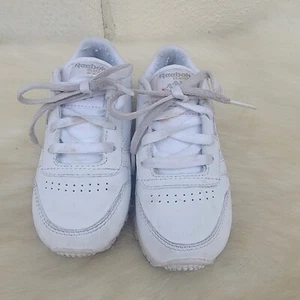 Kids Reebok classic walking sneakers white leather lace up low top kids sz 8 - Picture 1 of 5