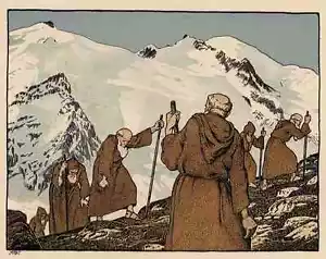 MÖNCHE bei GEBIRGsWANDERUNG - Georg STROEDEL - Zinkätzung des JUGENSTIL um 1910 - Bild 1 von 1