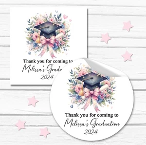 Personalised Graduation Stickers Favours Labels Floral Burst Bow Doctoral Cap - Picture 1 of 2